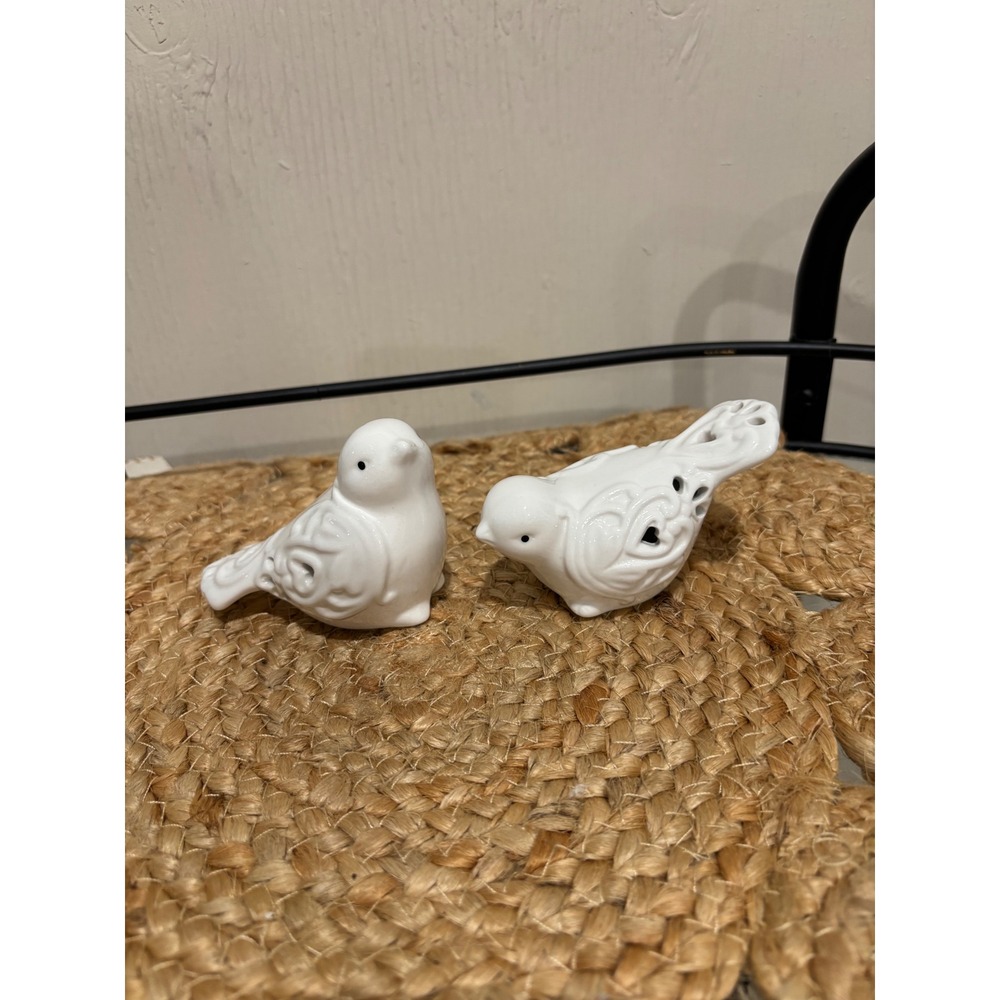 White Ceramic Bird Figurines Set of 2 Heart Cutout Decorative Porcelain Birds